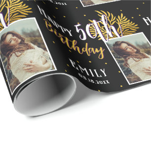 Papel De Presente Elegante Folhagem Preto Ouro Aniversário de 50 ano