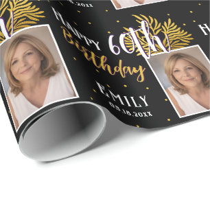 Papel De Presente Elegante Folhagem Preto Ouro Aniversário de 60 ano
