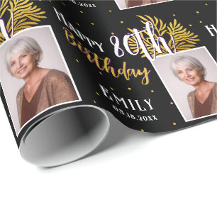 Papel De Presente Elegante Folhagem Preto Ouro Aniversário de 80 ano