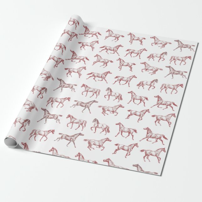 Papel De Presente Elegante Galopante Cavalos Vermelho (Desenrolado)
