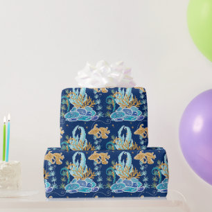 Papel De Presente Elegante Glitter Dourado Azul Sob o Mar