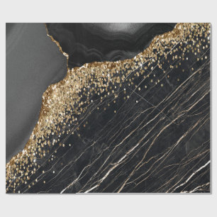 Papel De Presente Elegante Glitter Dourado Sequins Mármore Preto