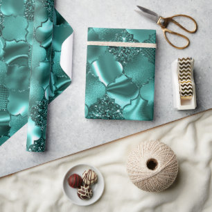 Papel De Presente Elegante Glitter e Folha Quatrefoil com Brilho Azu
