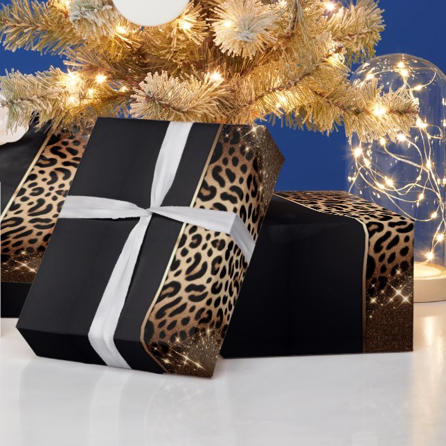 Papel De Presente Elegante Glitter Leopardo Preto e Dourado (Feriados)