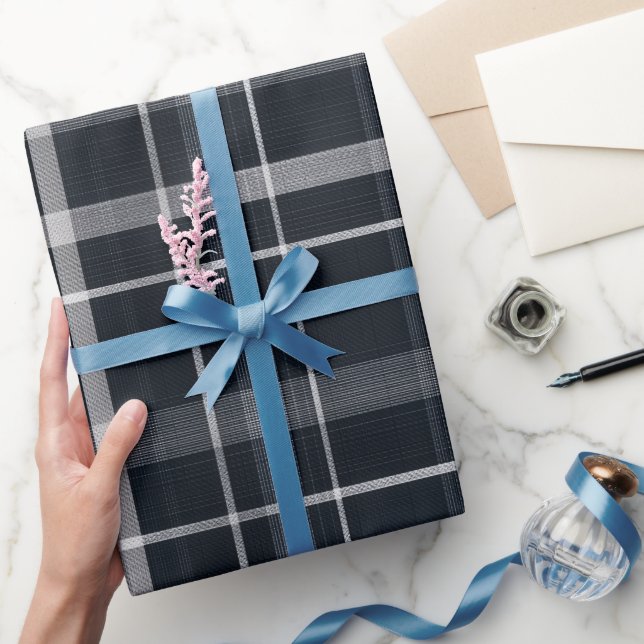 Papel De Presente Elegante Grade Naval Prateada Xadrez Padrão (Presentear)