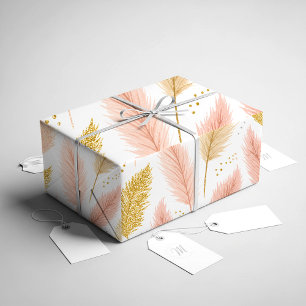 Papel De Presente Elegante Grama de Pampas Rosa e Glitter Dourado