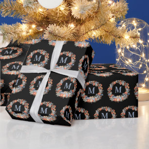 Papel De Presente Elegante Grinalda de Monograma Preto Chic Natal