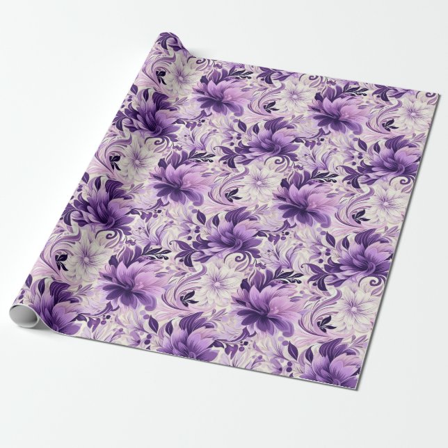 Papel De Presente Elegante Harmonia: Flores Violetas e Brancas (Desenrolado)