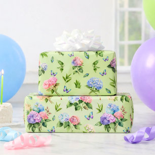 Papel De Presente Elegante Hidrangea Floral Borboleta Verde Presente