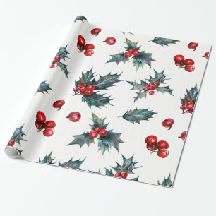 Papel De Presente Elegante Holly Berry Holiday Rustic