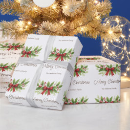 Papel De Presente Elegante Holly e Arco Vermelho Natal -
