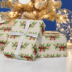 Papel De Presente Elegante Holly e Arco Vermelho Natal -