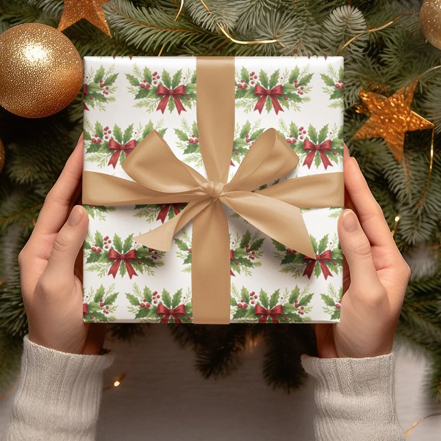 Papel De Presente Elegante Holly e Arco Vermelho Natal - (Criador carregado)