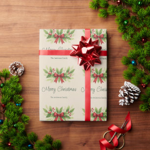 Papel De Presente Elegante Holly e Arco Vermelho Natal -