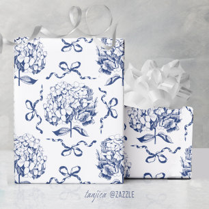 Papel De Presente Elegante Hortênsia Azul e Branco Vintage Padrão de