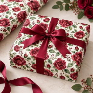 Papel De Presente Elegante Jardim de Rosas em Aquarela Burgundy
