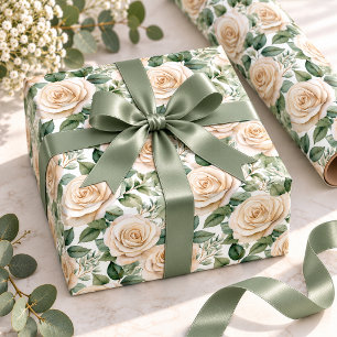 Papel De Presente Elegante Jardim de Rosas em Aquarela Marfim Champa