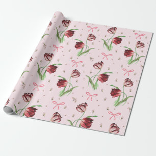 Papel De Presente Elegante Laços Rosa Vintage Padrão Floral 