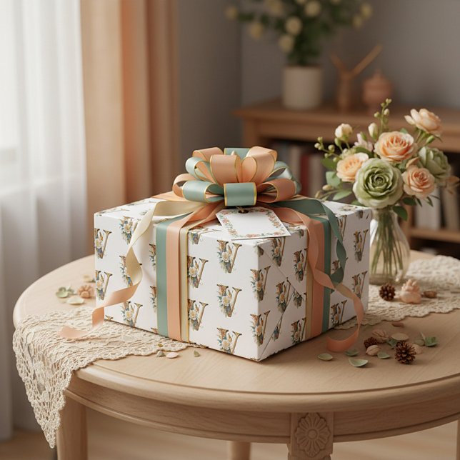 Papel De Presente Elegante letra floral boêmia V (Criador carregado)