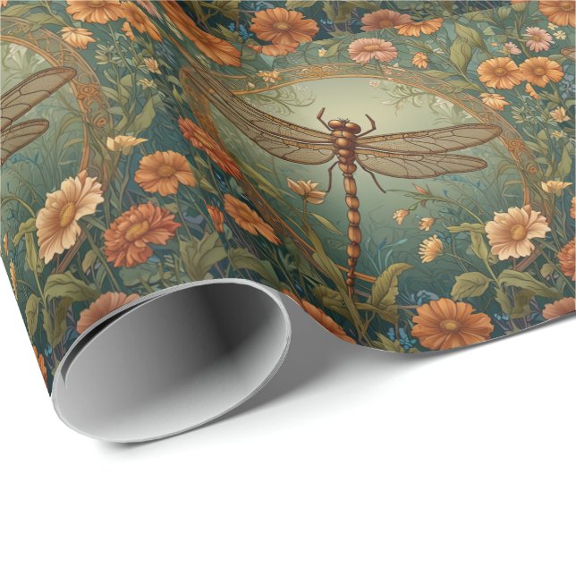 Papel De Presente Elegante Libélula Verde da Primavera em Art Nouvea (Ponta do rolo)