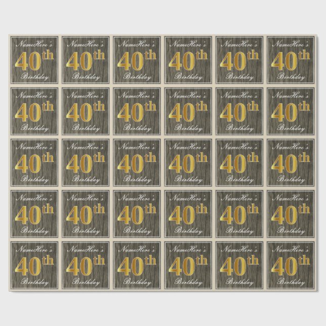 Papel De Presente Elegante, Madeira Falsa, Ouro Falso 40º Aniversári (Aberto)