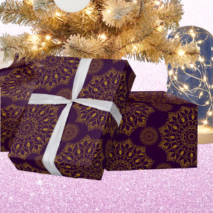 Papel De Presente Elegante mandala padrão dourado roxo