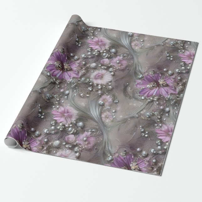 Papel De Presente Elegante Mauve, Cinza e Ivory Floral & Beaded (Desenrolado)