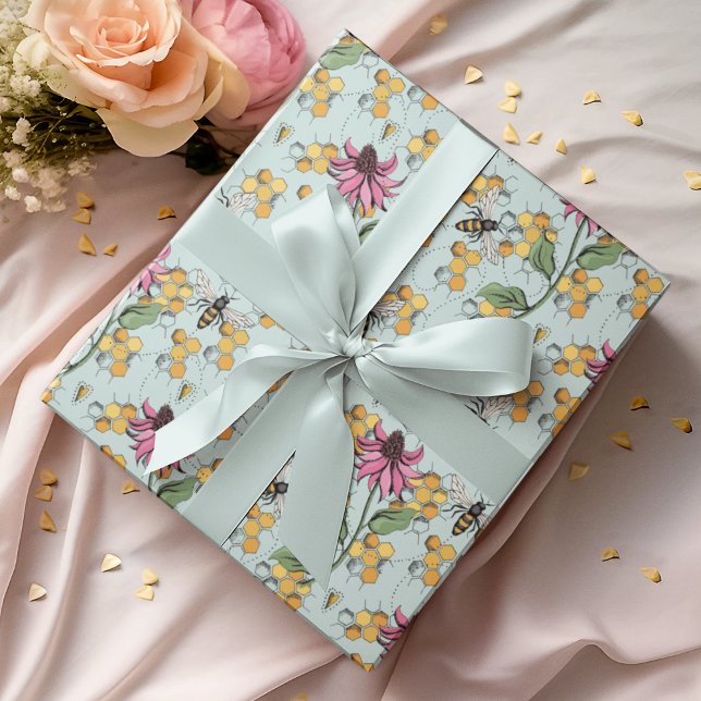 Papel De Presente Elegante Mint Queen Bee, Honeycomb & Flowers (Elegant Hand-Drawn Buzzing Queen Bee, Honeycomb & Pink Exotic Flower Gift Wrap for Nature Lovers.)
