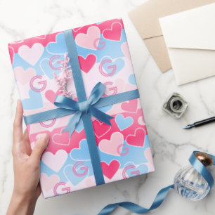 Papel De Presente Elegante Moderno do Coração Azul e Rosa Monograma