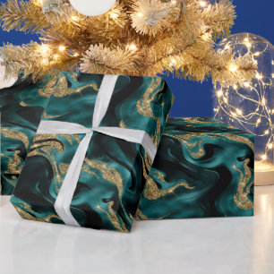 Papel De Presente Elegante Molten Teal e Glitter Dourado Aniversário