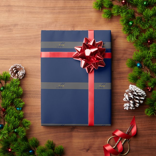 Papel De Presente Elegante Monograma Script Azul Marinho Escuro Cinz (Presente de Natal)