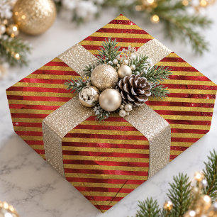 Papel De Presente Elegante Natal com Listras de Ouro Vermelho