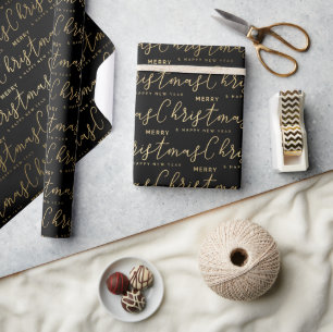 Papel De Presente Elegante Natal Feliz com Letra Preta e Dourada