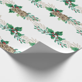 Papel De Presente Elegante Natal Holly Berry Pine Foliage Garland
