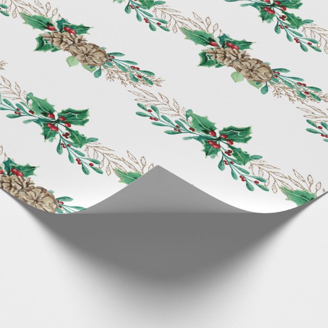 Papel De Presente Elegante Natal Holly Berry Pine Foliage Garland (Ponta)