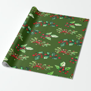 Papel De Presente Elegante Natal Verde Azevinho Frutas Feriado