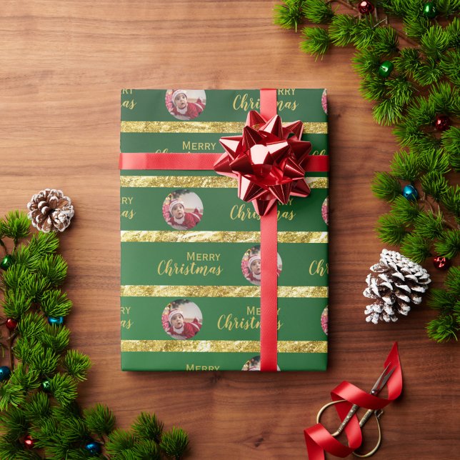 Papel De Presente Elegante Natal Verde e Listras Douradas Foto de Be (Criador carregado)