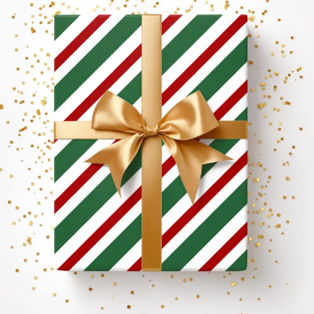 Papel De Presente Elegante Natal Verde Listras Vermelhas Natal (Christmas Green Red White Stripes Pattern Wrapping Paper)
