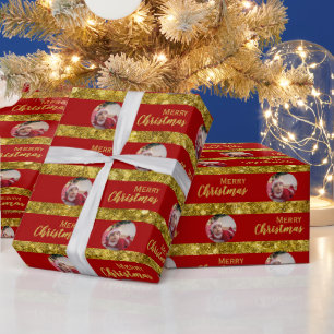 Papel De Presente Elegante Natal Vermelho & Listras Douradas Foto de