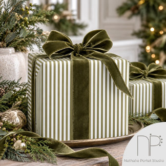 Papel De Presente Elegante Oliva Verde e Branco Listras Finas