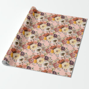 Papel De Presente Elegante Outono Floral Ferrugem Creme Borgonha