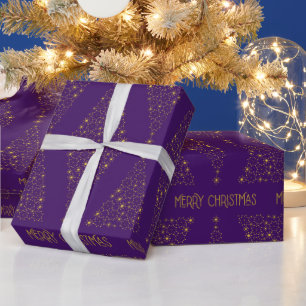 Papel De Presente Elegante padrão de árvore de Natal em roxo e doura