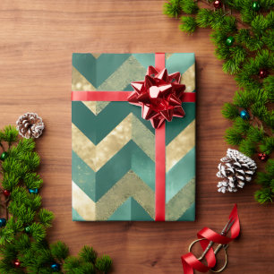 Papel De Presente Elegante padrão de chevron dourado metálico verde