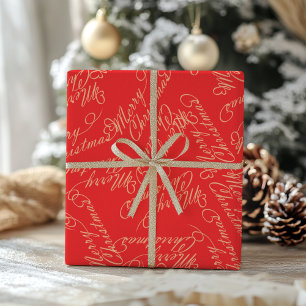 Papel De Presente Elegante padrão de Feliz Natal em Script / Vermelh