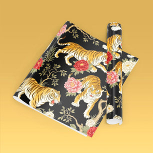 Papel De Presente Elegante padrão de tigre e peônia em Chinoiserie p