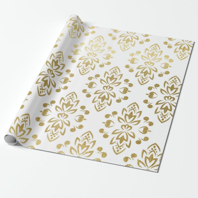 Papel De Presente Elegante Padrão Floral Damasco Ouro Casamento Embr (Desenrolado)