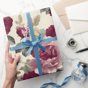 Papel De Presente Elegante Padrão Floral Rosa Marfim Ameixa
