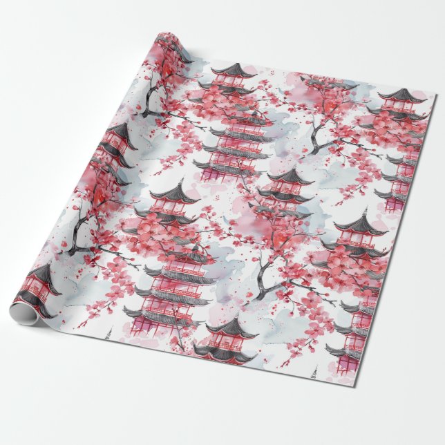 Papel De Presente Elegante Pagode Chinesa Flor de Cerejeira (Desenrolado)