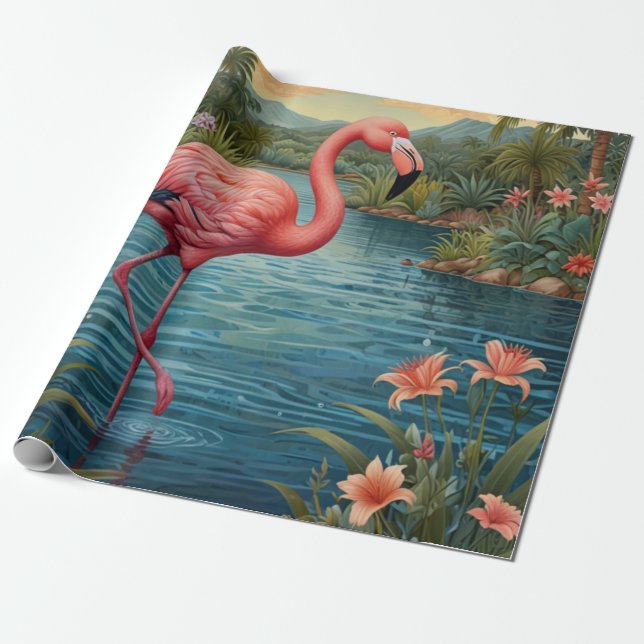 Papel De Presente Elegante paraíso tropical rosa flamingo (Desenrolado)