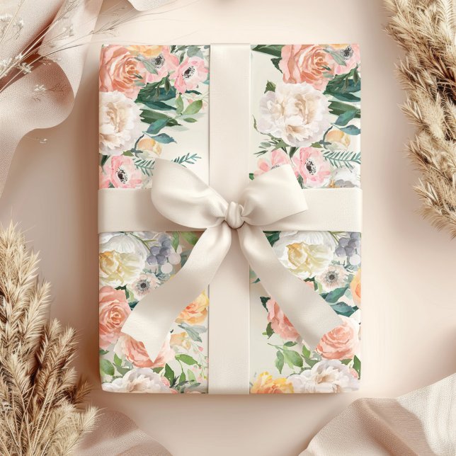 Papel De Presente Elegante Peach Peony Garden Floral Greenery (Criador carregado)